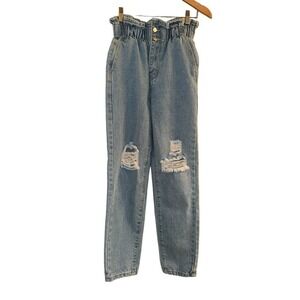 Shein Women's High Rise Cotton Elastic Waist Distressed Denim Jeans Size XS Blue